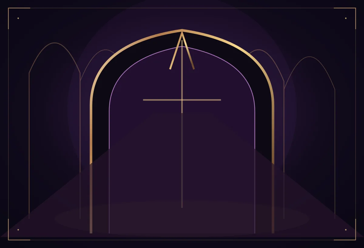 Stylized golden church arches and cinematic purple lighting